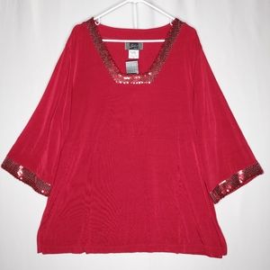 Slinky Brand Top 2X Red Sequin Stretch Elbow Square Vneck Pullon Vtg 90s Y2K Ace